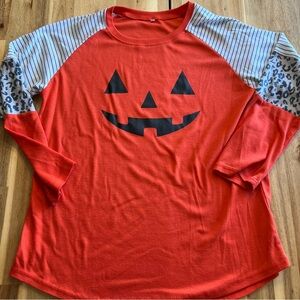 Pumpkin Face Raglan Tee Leopard Stripe Sleeves